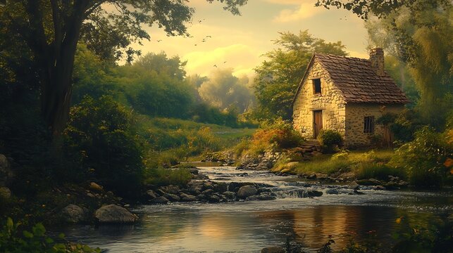Cottage nestled near the river with a peaceful woodland landscape vista