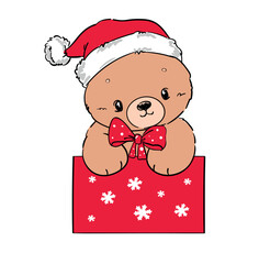 christmas background with teddy bear witn gift box hand drawn cute illustration vector sketch