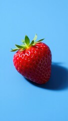 Close-up of a ripe strawberry centered on a smooth blue gradient. Glossy red skin, recessed seeds, fresh green calyx, and soft light create depth, texture, and contrast.

