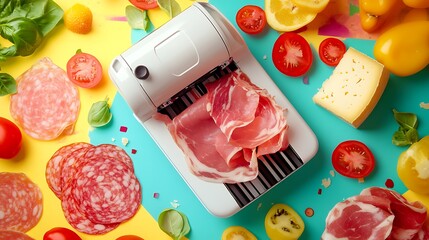 Meat slicer showcasing prosciutto, salami, cheese and fresh tomatoes