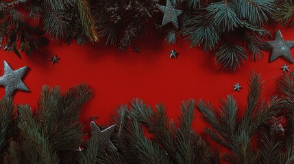 Festive Christmas Background With Green Pine Branches And Silver