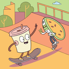 Cartoon coffee cup and melon slice skateboarding at a skate park with trees and a cloud in the background