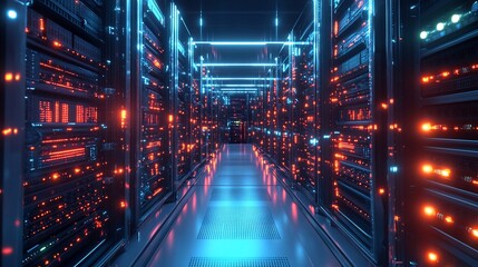 Futuristic Data Center Server Room with Glowing Lights and Reflections