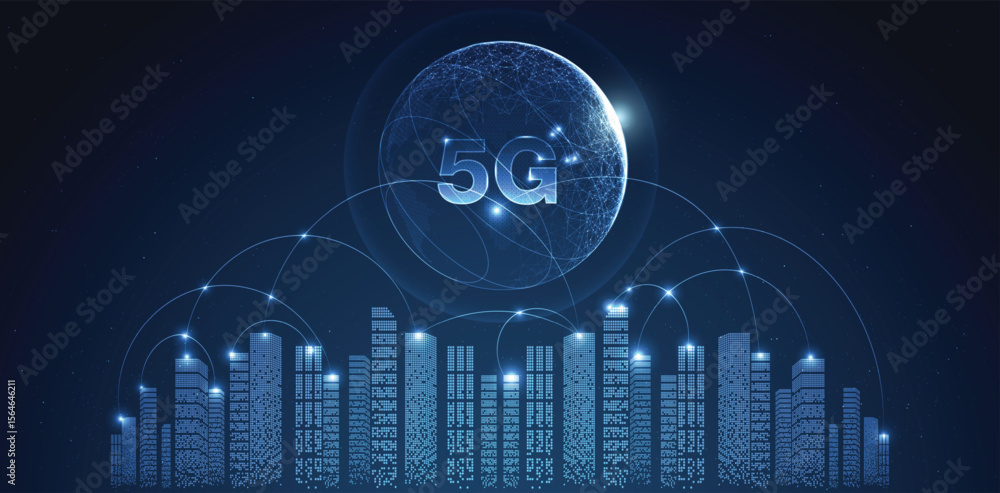 Poster 5g network wireless internet wi-fi connection and internet of things with modern city skyline. smart