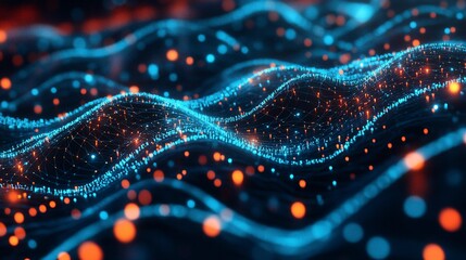 Digital Waves, Abstract Data Stream with Glowing Particles and Connections