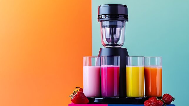 Fresh fruit juices made with juice extractor on bright background