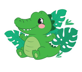Hand Drawn Cute Cartoon Crocodile with Tropical Leaves Baby Jungle Animal Vector
