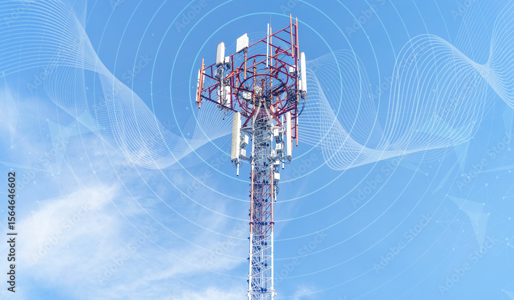 Poster telecommunication tower against blue sky with digital wireless network and futuristic technology int