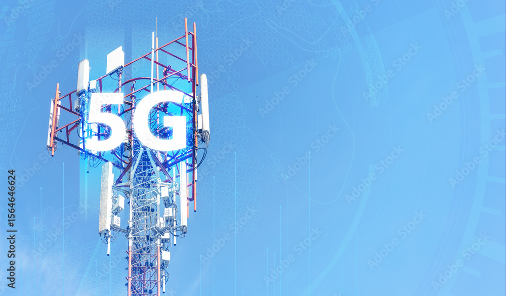 Aufkleber telecommunication tower against blue sky with digital wireless network and futuristic technology int