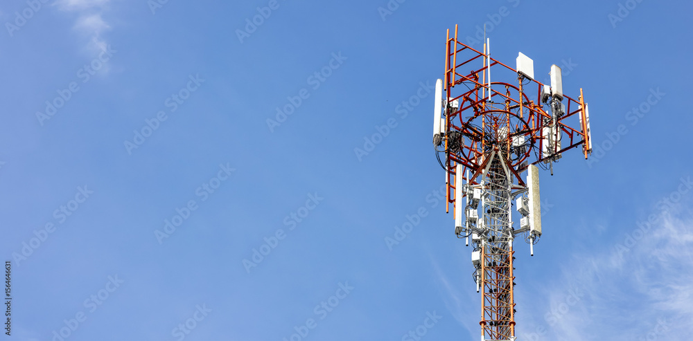 Aufkleber telecommunication tower against blue sky with digital wireless network and futuristic technology int