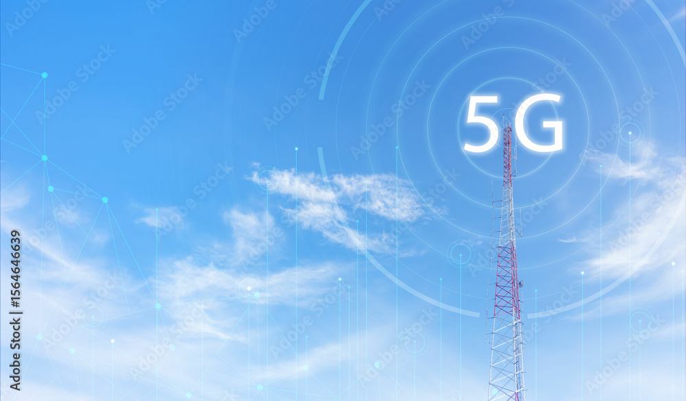 Aufkleber telecommunication tower against blue sky with digital wireless network and futuristic technology int