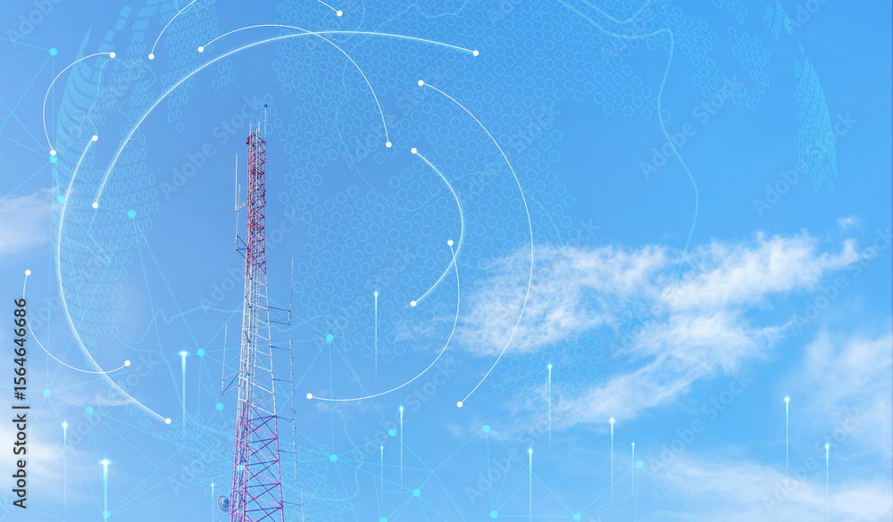 Aufkleber telecommunication tower against blue sky with digital wireless network and futuristic technology int