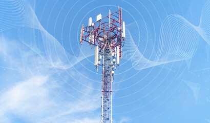 Telecommunication tower against blue sky with digital wireless network and futuristic technology...