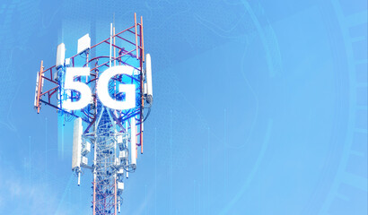 Telecommunication tower against blue sky with digital wireless network and futuristic technology interface for 5G, internet, and global data connection concept. communication network.