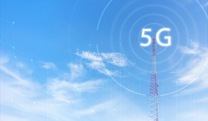 Telecommunication tower against blue sky with digital wireless network and futuristic technology...