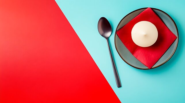 Delicious white dessert on a plate with red napkin and a spoon ready to eat