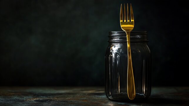 Golden fork rests elegantly atop a vintage glass jar against a dark moody backdrop