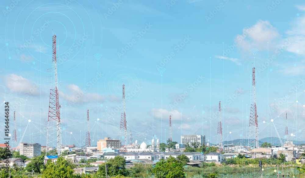 Poster telecommunication tower against blue sky with digital wireless network and futuristic technology int