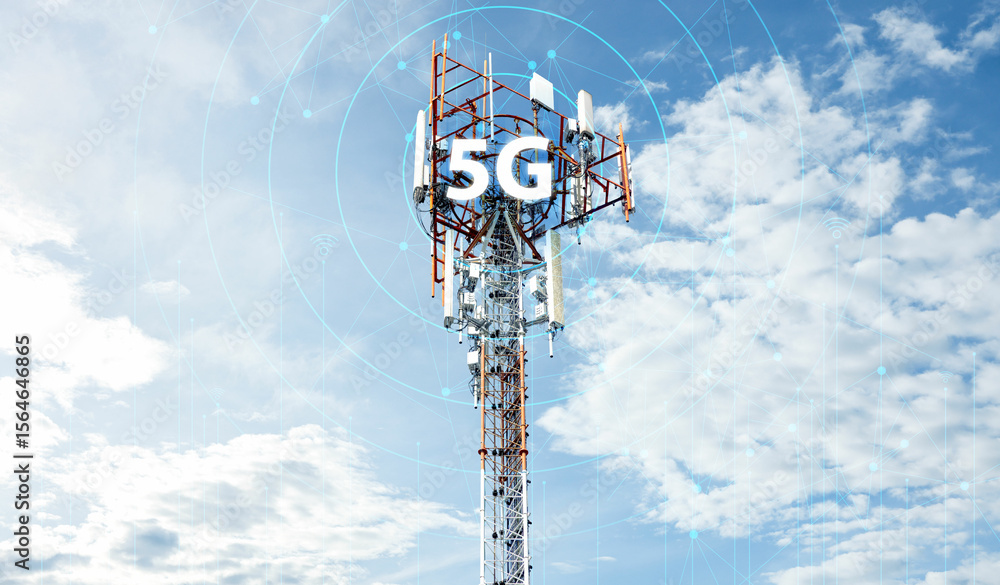 Poster telecommunication tower against blue sky with digital wireless network and futuristic technology int
