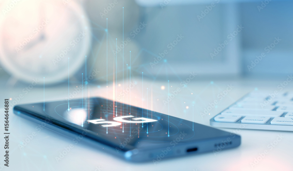 Poster smartphone with 5g icon and global network interface, representing high-speed wireless technology, d