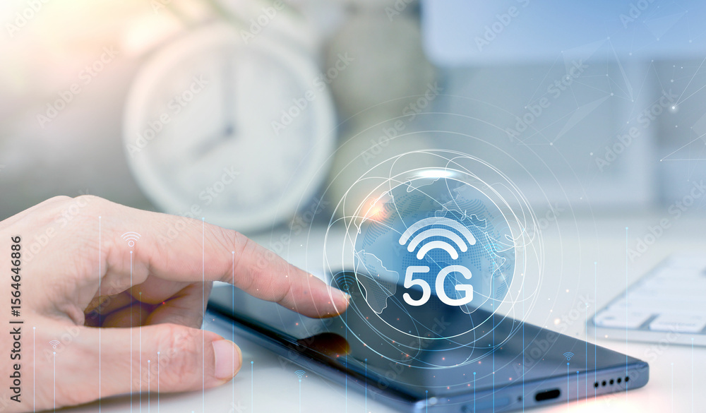 Poster hand touching smartphone with 5g icon and global network interface, representing high-speed wireless
