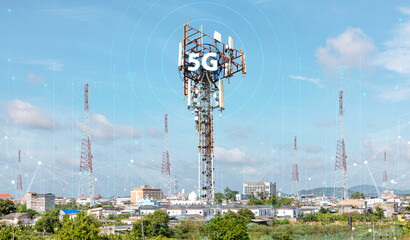 Telecommunication tower against blue sky with digital wireless network and futuristic technology...