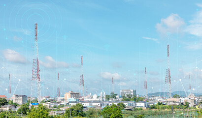 Telecommunication tower against blue sky with digital wireless network and futuristic technology...
