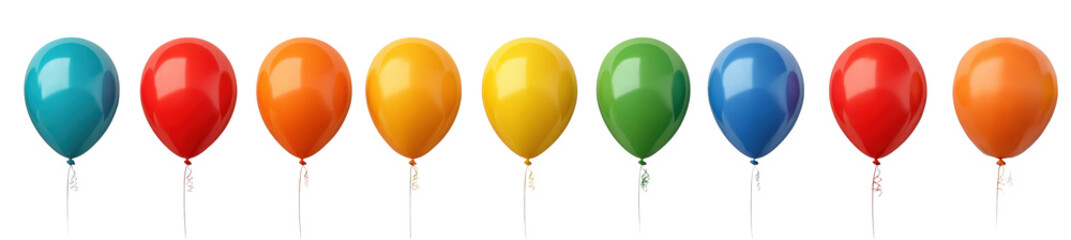 Set of eight colorful balloons in rainbow order, realistic lighting and shadow, isolated on a Transparent background, PNG file.