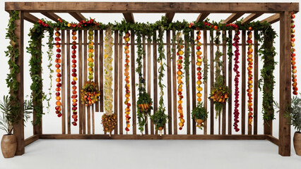 A sukkah decorated with hanging fruits stands against a white background, representing the harvest festival of sukkot, a jewish holiday celebration