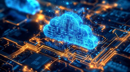 Cloud Computing Conceptual Image with Circuit Board and Data Stream