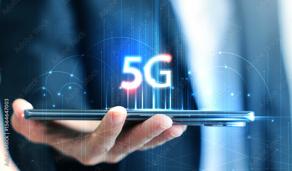 Poster hand holding smartphone with 5g icon and global network interface, representing high-speed wireless 