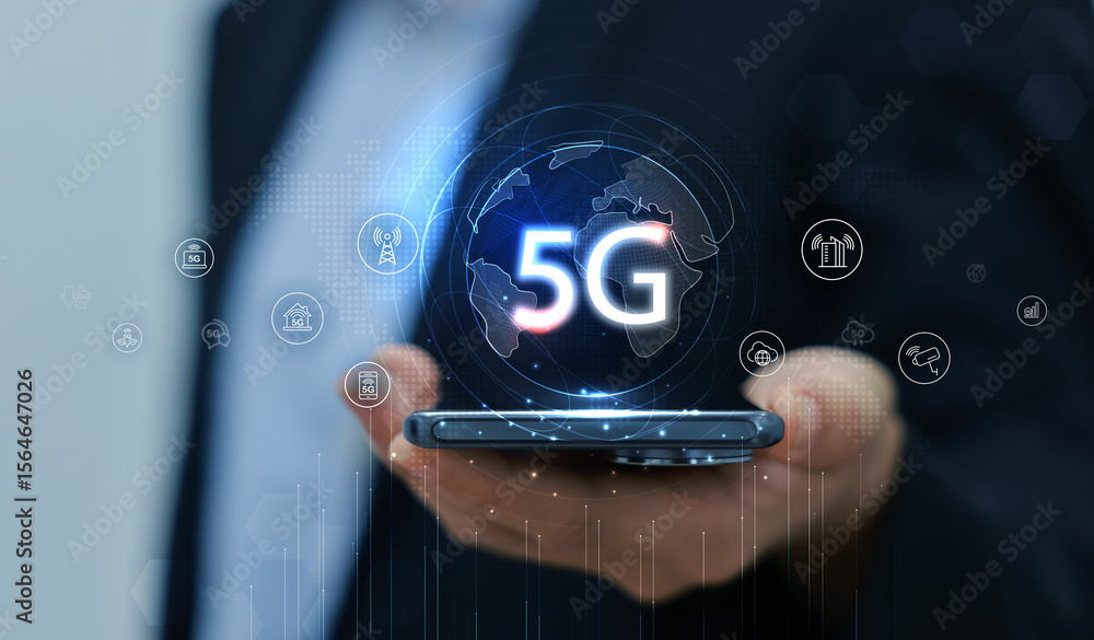 Poster hand holding smartphone with 5g icon and global network interface, representing high-speed wireless 