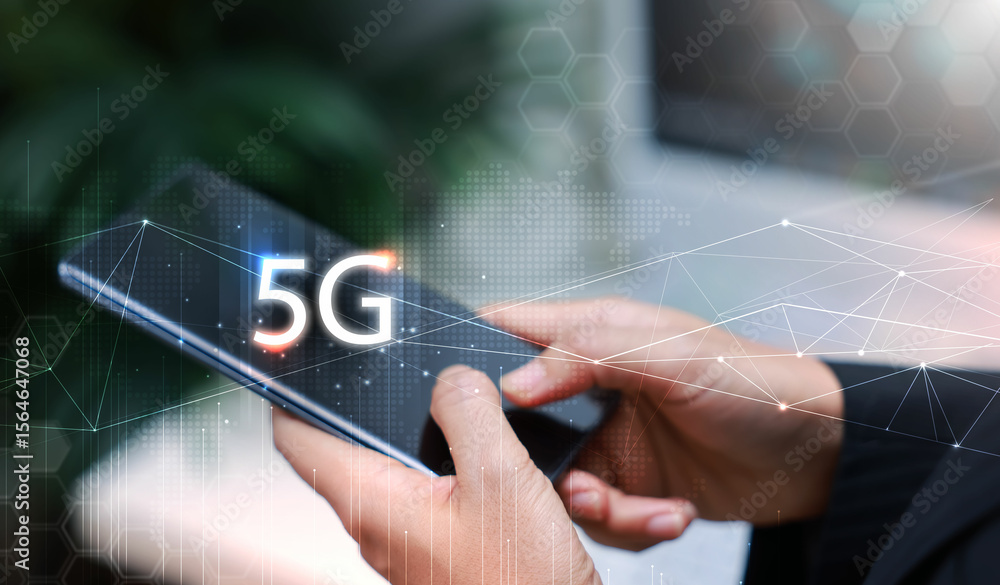 Poster hand holding smartphone with 5g icon and global network interface, representing high-speed wireless 