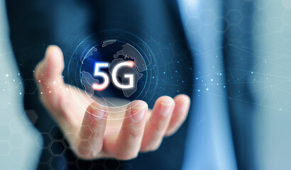 5G symbol new wireless internet wifi connection. Fifth innovative generation of the global high speed Internet network using modern digital devices.