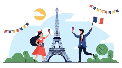 Bastille day celebration with couple by eiffel tower festive fun