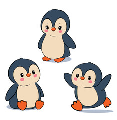 Cute Penguins Hand Drawn Vector Arctic Animals Isolated on White Background for Kids
