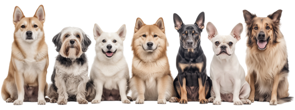 Seven adorable dogs of various breeds sit side-by-side isolated on transparent background, showcasing their unique personalities and appearances.  A heartwarming and diverse canine collection.
