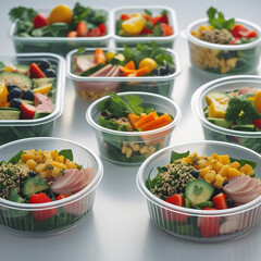 Colorful Healthy Meal Prep Containers with Fresh Vegetables and Fruits on White Background