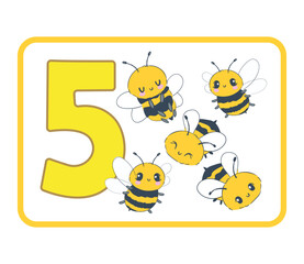 Number Five with Cute Bees Hand Drawn Insect Vector Flashcard for Children’s Learning 5