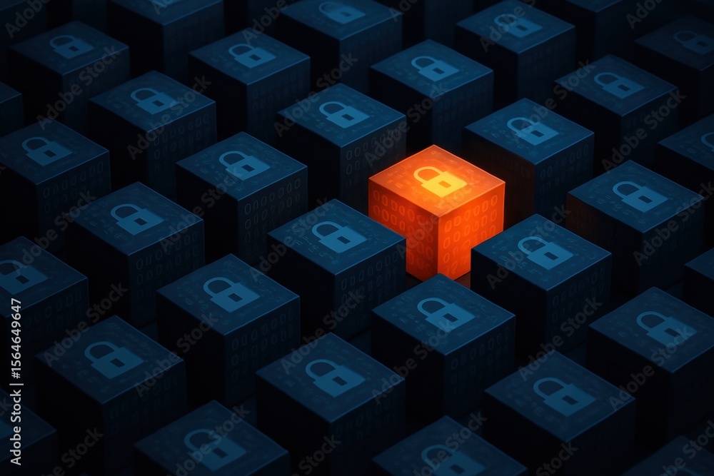 Poster illuminated security: a visually striking conceptual image featuring a glowing red cube amidst a gri
