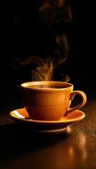 Close-up of a steaming brown tea cup on a speckled saucer. Warm lighting and soft steam stand out against a dark blurred background, creating a cozy and elegant atmosphere.

