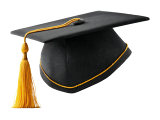 Traditional mortarboard hat with yellow tassel, angled view, for education theme designs isolated on a Transparent background, PNG file.