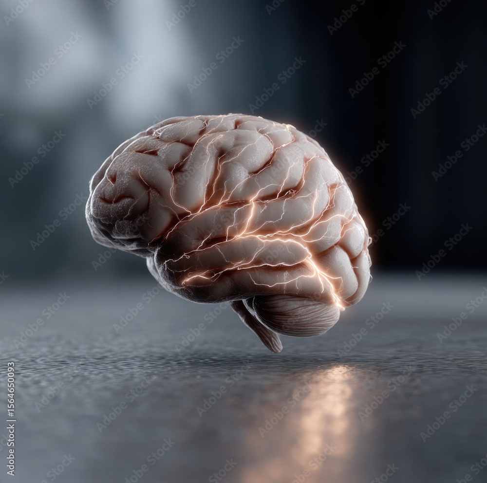 Aufkleber futuristic human brain with glowing neural pathways, side view, on reflective surface, symbolizing i