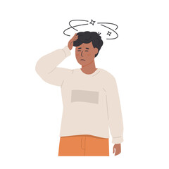Young boy or teenager experiencing dizziness and holding his head with a pained expression. Symptoms of vertigo, dehydration, pediatric health issue. Flat Style Vector Illustration isolated on white.
