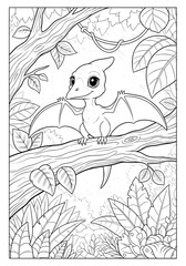 a baby pterodactyl on a tree branch. coloring book