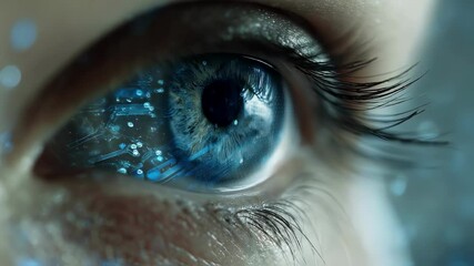 A futuristic scene featuring a Caucasian womans eye with a highresolution holographic interface displayed within the sclera. The blue circuitry elements pulse gently symbolizing active - Powered by Adobe