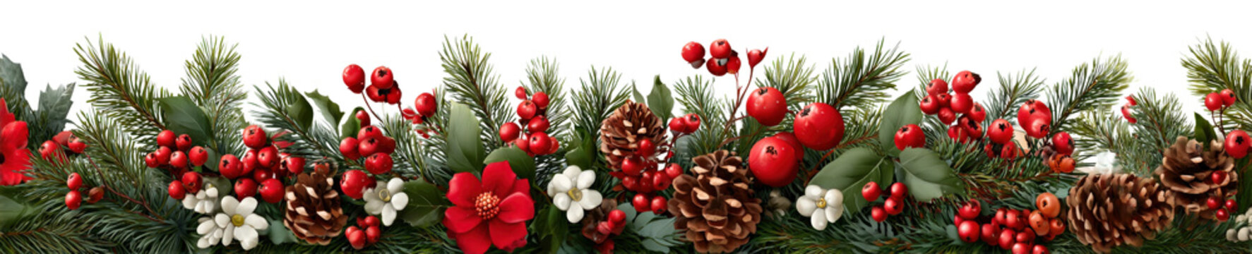 Winter garland design with seasonal plants, red berries and pinecones, for headers isolated on a Transparent background, PNG file.