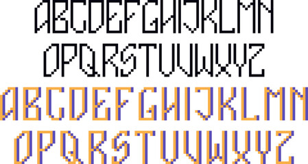 Tall geometric pixel font with sharp corners and a retro digital look. Ideal for games, posters, titles. Pixel art vector.