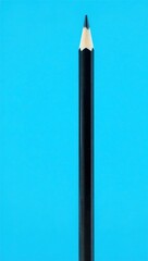 Vertical black pencil with sharp tip on textured blue background. Wood grain contrasts smooth casing. Lighting and focus highlight precision, simplicity, and clean design.

