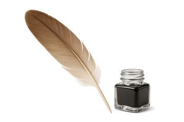 Vintage quill pen resting beside glass inkwell, highlighting traditional calligraphy writing tools against transparent background